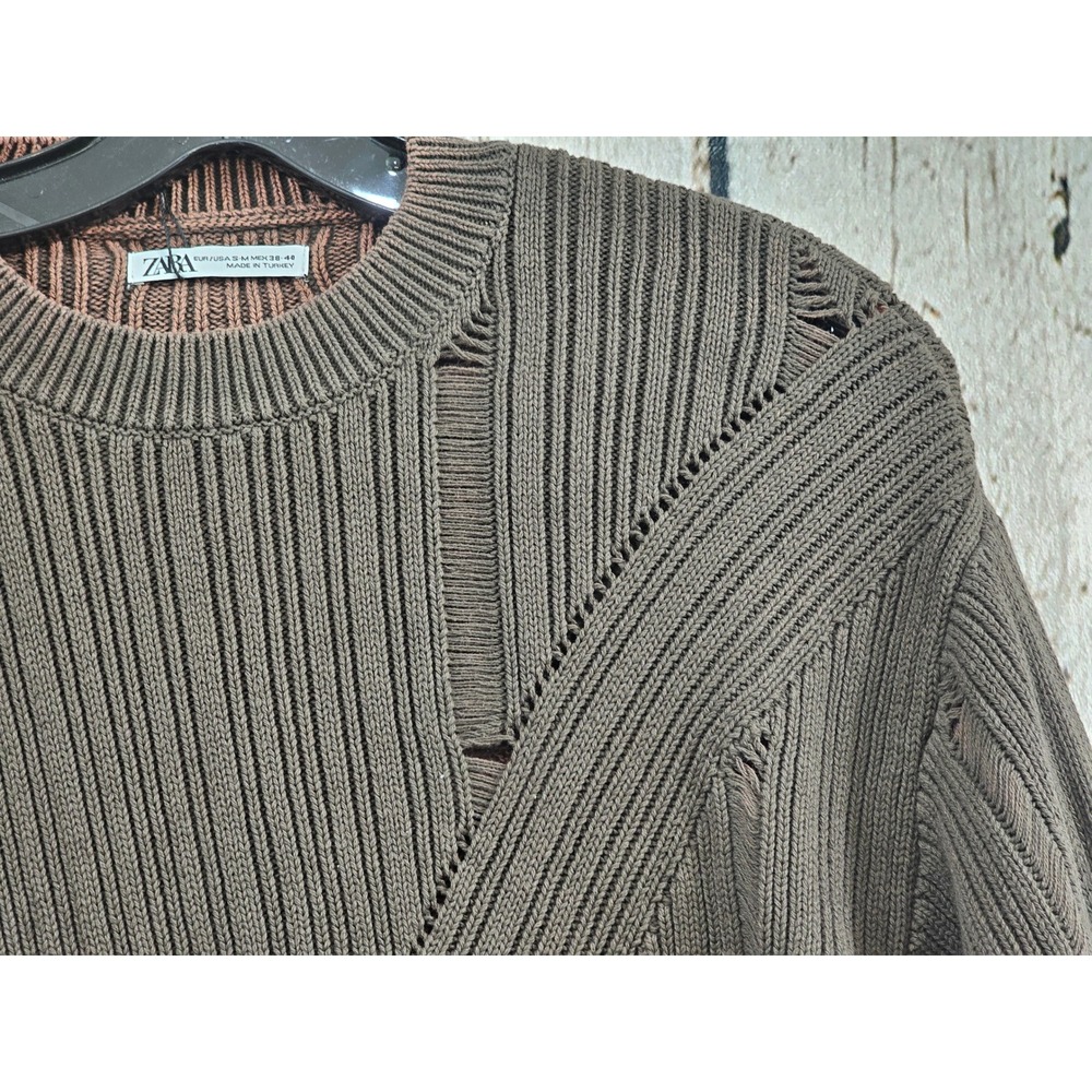 Zara Distressed Ribbed Knit Sweater Mens S-M Olive Brown Frayed Hem Streetwear - Picture 6 of 12